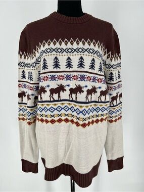Men's Brown and Cream Nordic Moose Crewneck Sweater